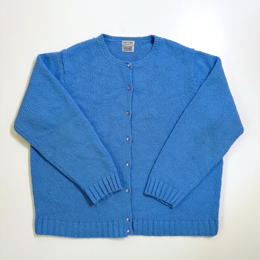 VTG Leon Levin Cardigan Sweater Blue Large Hand Loomed Button Front Crew Neck